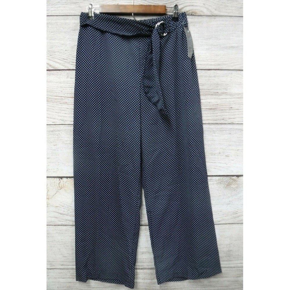 Ashley Blue Pants Womens Petite Large Blue Polka Dot O Ring Tie Crepe Pants New